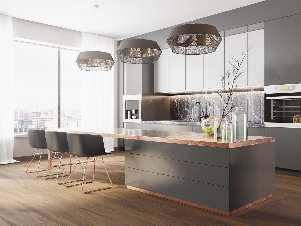 LVT Click 5.0 mm wood-look floor in an open kitchen (catalogue image)