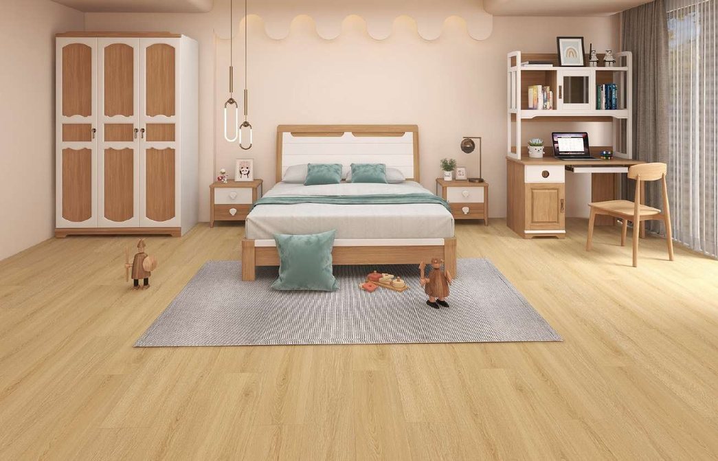 Robina laminate flooring in a bedroom (catalogue image)
