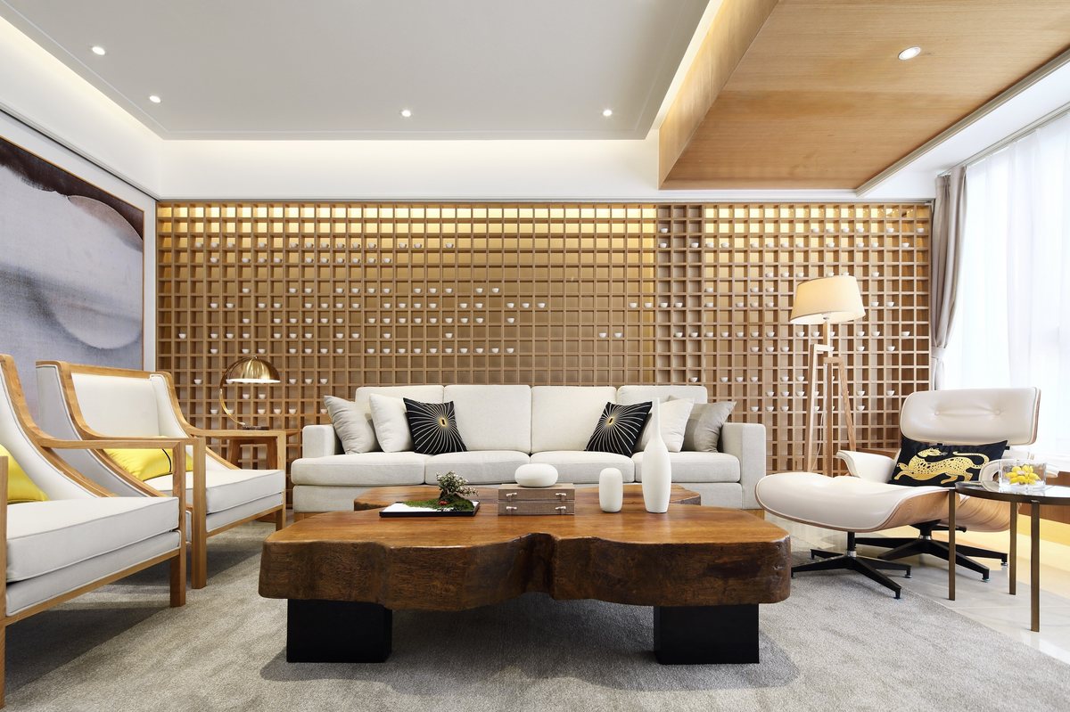PVC ceiling panel with a wood-look finish in a living room (catalogue image)