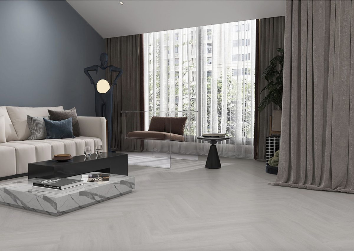 SPC Herringbone 5.0 mm in EU883 Snow White, living room (catalogue image)