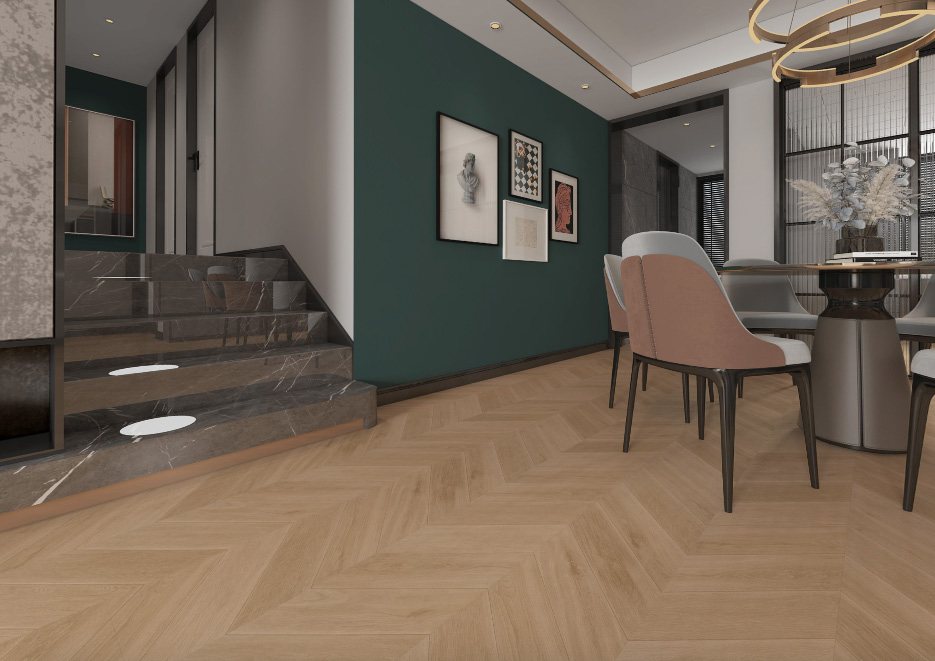 SPC Chevron 4.0 mm in CV3001 Urban Oak, stairs and hall (catalogue image)