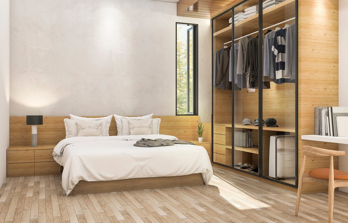 LVT Click 5.0 mm wood-look floor in a bedroom (catalogue image)